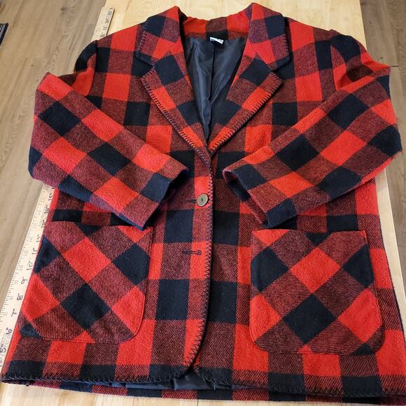Red buffalo plaid wool felt Blazer blanket stitch Edge vintage pockets 23" p2p - Picture 2 of 11